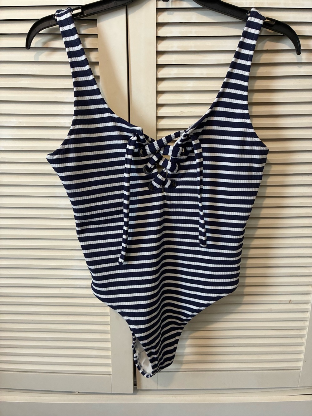 aerie Navy and White Striped Lace-Up One-Piece Swimsuit
